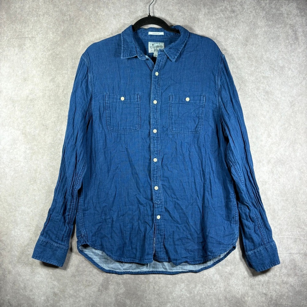 Lucky Brand Shirt Mens L Blue Chambray Classic Fit Button Up Long Sleeve Casual